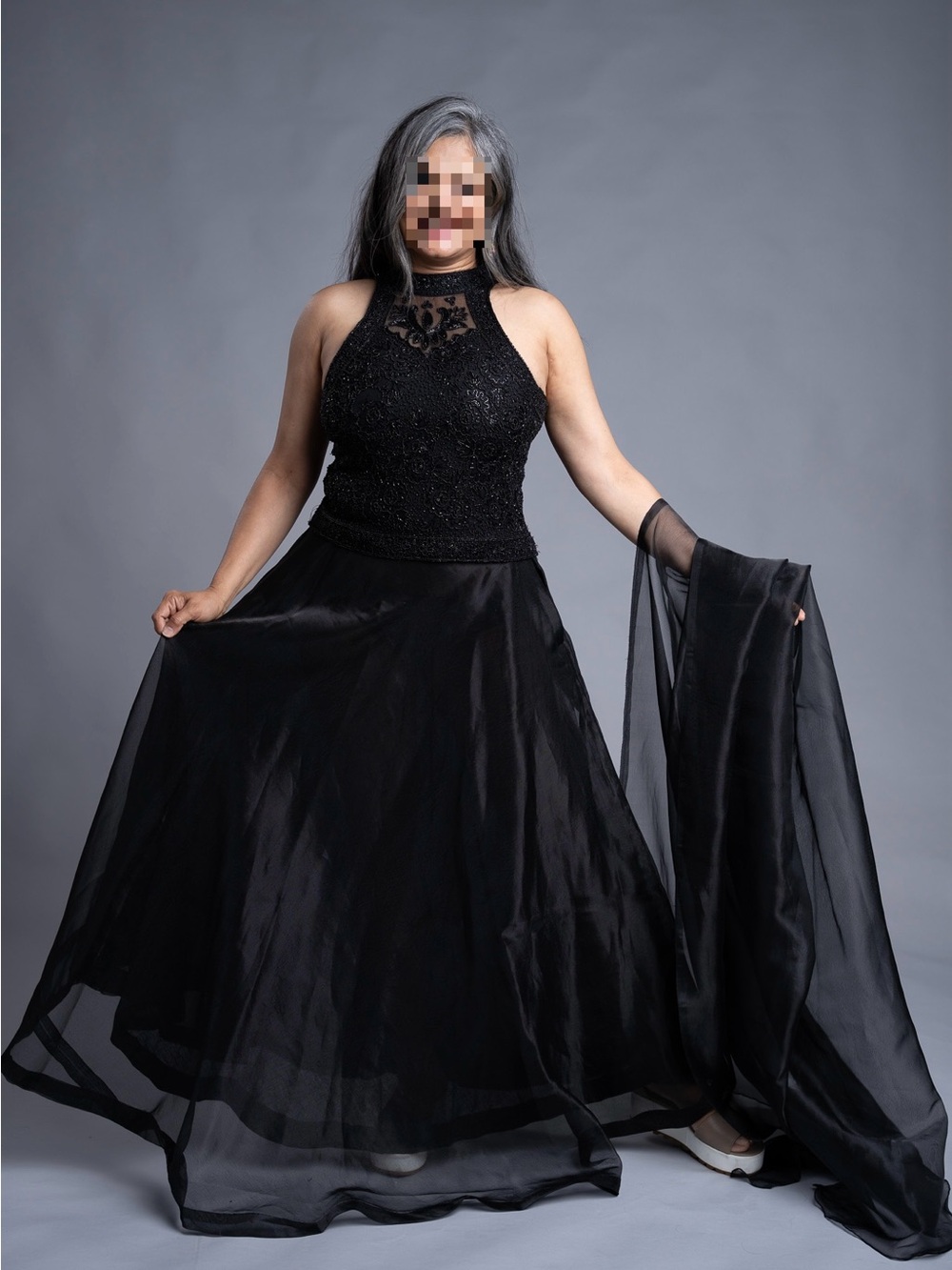 Elegant Black Halter Maxi Skirt with Sheer Overlay